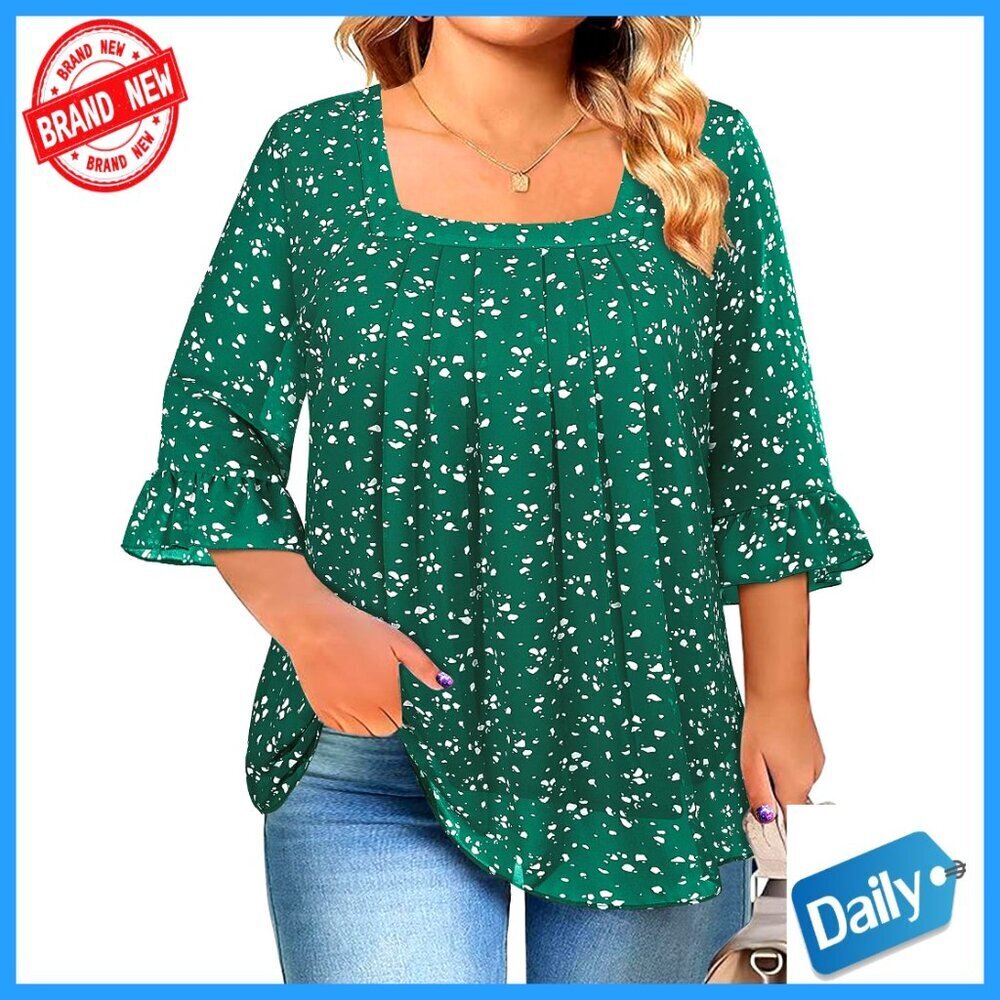 Plus Size Chiffon Blouse Square Neck 3/4 Sleeve Loose Tunic Top